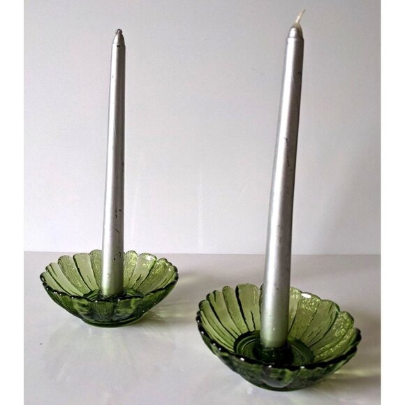 Indiana Glass Other - Vintage Lot Of 2 Indiana Glass Candle Holder Textured Green Sunflower Design 5"